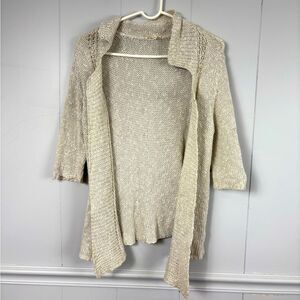 Eileen Fisher Women Sweater XS Cream Linen Blend Open Knit 3/4 Sleeve Casual